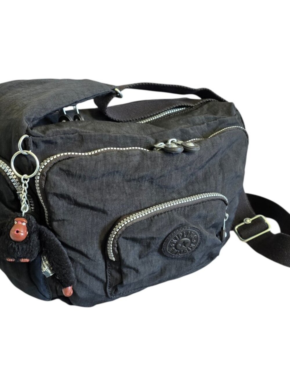 Kipling HB3122 Erica Tote Crossbody Bag Purse Black Canvas w/ Monkey Key Ring